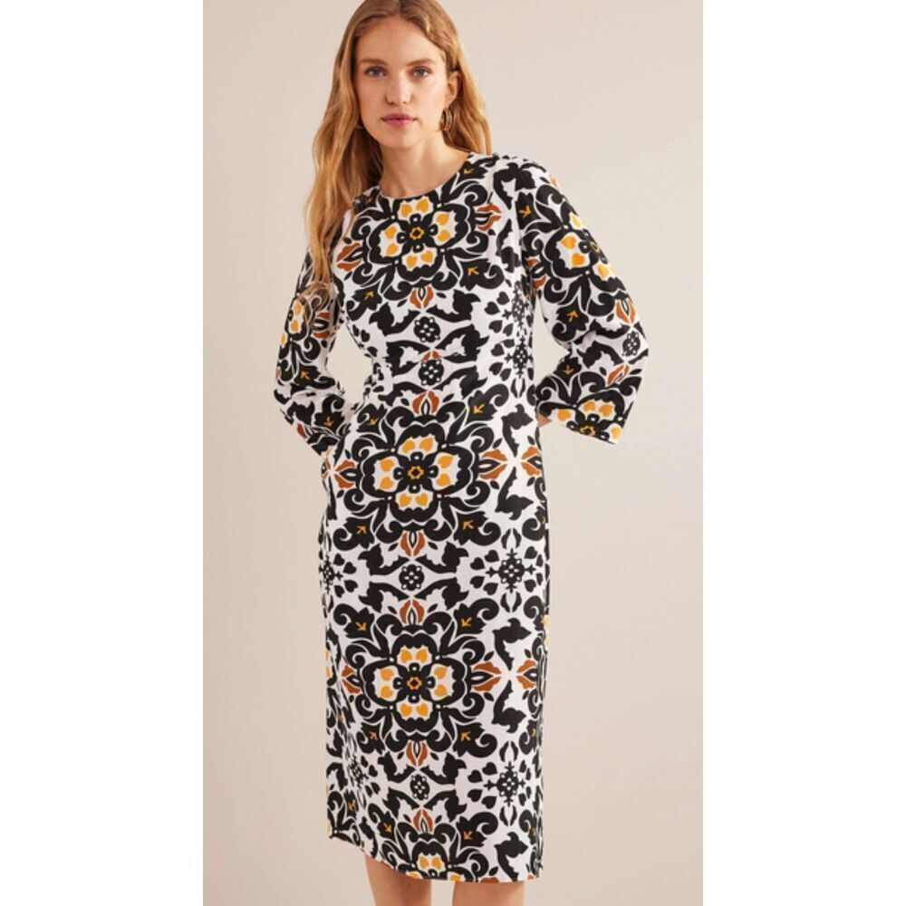 Boden 6R Black/Opulent Pome Printed Flare Sleeve Midi Dress career abstract